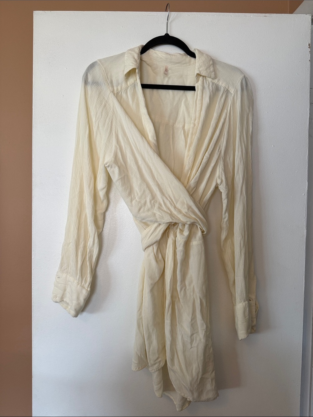 Free People Cream Wrap-Style Long Sleeve Shirt Dress